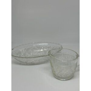 VTG Anchor Hocking Clear Glass Creamer & Oval Platter Set With Floral Etching